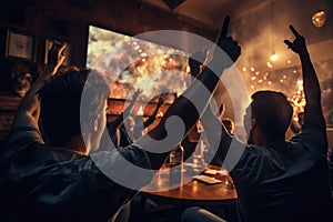 Sport fans party cheer and celebrating a winning tournament and watching TV at home. Generative AI