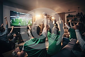 Sport fans party cheer and celebrating a winning tournament and watching TV at home. Generative AI