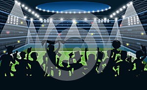 Sport fans at stadium. People black silhouettes on stadium background, soccer football match on spotlight, team