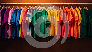 Sport fashion collection Multi colored garments hanging in modern boutique generated by AI