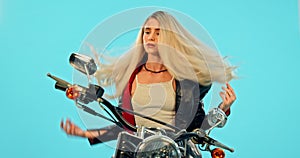 Sport, fashion and motorcycle with woman in studio for vintage, retro or transportation. Urban, leather and cool with