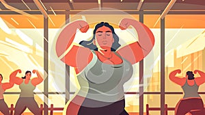 sport fat overweight woman exercising in the gym, concept of losing weight and healthy movement, banner, made with