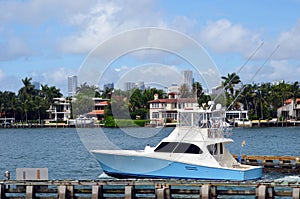 Sport fishing boat cruising on Biscayne Bay off of RivoAlto island in Miami Beach,Florida