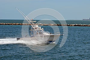 Sport fishing boat returning to port in Miami Beach,Florida