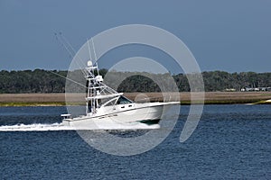 Sport fishing boat on river