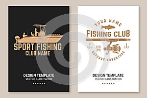 Sport Fishing club. Vector. Flyer, brochure, banner, poster design with fish rod and fishing boat silhouette. Outdoor