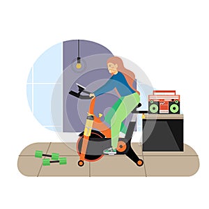 Sport and fitness activities. Girl riding stationary exercise bike flat vector illustration. Fitness gym, cardio workout