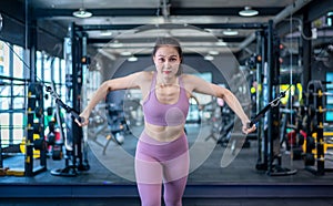 Sport fitness athlete woman with sportwear training weightless equipment at gym for bodybuilding healthy lifestyle concept.