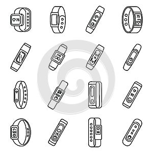 Sport fitness bracelet icons set, outline style