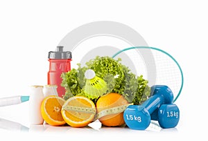 Sport and fitness equipment with eco food. Diet and healthy lifestyle.