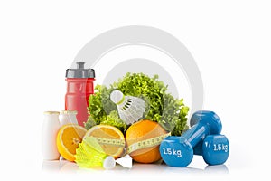 Sport and fitness equipment with eco food. Diet and healthy lifestyle.