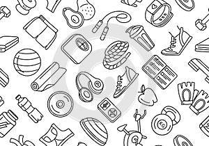Sport, fitness, functional training background seamless doodle icons style pattern
