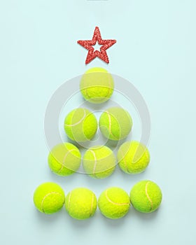 Sport, fitness, game and objects concept - Christmas and New year concept with tennis balls top view