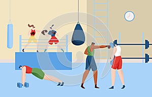 Sport fitness gym, active people together fight box ring club, amateur pugilist workout exercise flat vector photo
