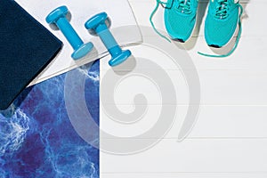 Sport fitness lay flat accessories background, top view, copy space