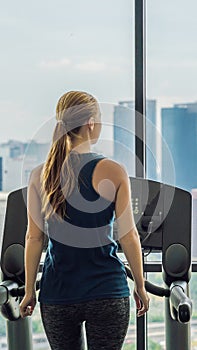 Sport, fitness, lifestyle, technology and people concept - woman exercising on treadmill in gym against the background