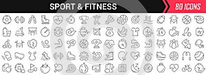 Sport and fitness linear icons in black. Big UI icons collection in a flat design. Thin outline signs pack. Big set of icons for
