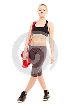 Sport. Fitness sporty girl in sportswear with gym bag