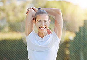 Sport, fitness and stretching with a sports woman training during an exercise workout for health and wellness. Healthy