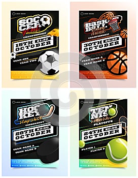 Sport Flyer Ad Set Vector. Ice Hockey, Basketball, Tennis, Soccer or football emblem logotype. Design For Sport Bar Promotion