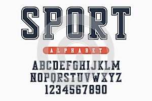 Sport font, original college alphabet. Athletic style letters and numbers for sportswear, t-shirt, university logo. Vector.