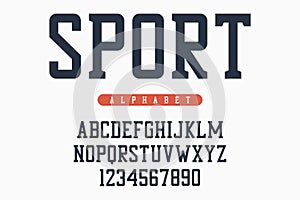 Sport font, original college alphabet. Athletic style letters and numbers for sportswear, t-shirt, university logo. Vector.