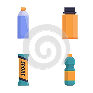 Sport food icons set cartoon vector. Sport nutrition and energy drink