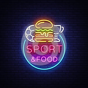 Sport Food Neon Sign Vector. Sports food logo in neon style, light signboard, bright billboard, night neon advertising