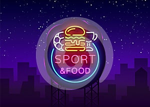 Sport Food Neon Sign Vector. Sports food logo in neon style, light signboard, bright billboard, night neon advertising