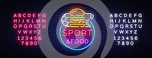 Sport Food Neon Sign Vector. Sports food logo in neon style, light signboard, bright billboard, night neon, sports bar