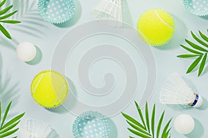 Sport frame with tennis balls, table tennis balls and shuttlecocks