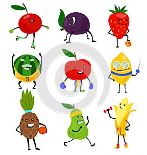 Sport fruits characters. Funny fruit foods on sport exercises, fitness vitaminic human healthy nutrition vector