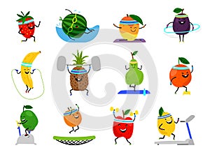 Sport fruits characters. Funny fruit foods on sport exercises, vector fitness vitaminic human healthy nutrition