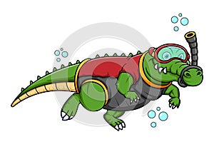 Sport funny crocodile snorkeling cartoon character