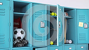 Sport games concept. Locker room in a school with various types of sports equipment. 3d animation