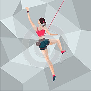 Sport girl on a climbing wall. Cartoon character illustration. Back view.