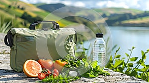 Sport green bag, fresh vegetables and water bottle. Healthy Outdoor Picnic Scene with Scenic Lakeview