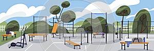 Sport ground, street workout park with fitness equipment. Outdoor gym area panorama, empty playground with training