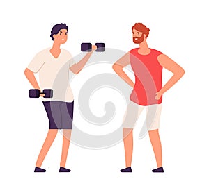 Sport guy swinging with dumbbells. Sporting workout with personal trainer. Isolated flat bodybuilder vector character