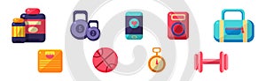 Sport Gym Object and Equipment Flat Icon Vector Set