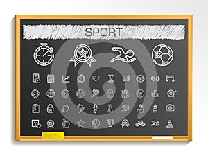 Sport hand drawing line icons. chalk sketch sign illustration on blackboard