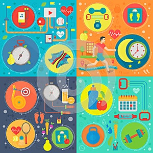 Sport and health square concepts set. Healthy lifestyle concept with food and sport icons vector illustration.