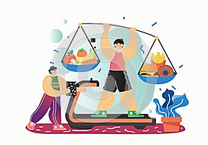 Sport and healthy food, vector flat style design illustration