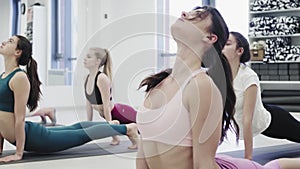 Sport and healthy lifestyle. Female instructor practicing downward facing dog pose with clients in white fitness centre