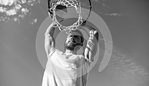 sport and hobby. dunk in basket. slam dunk in motion. high view. summer activity.