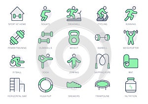 Sport at home simple line icons. Vector illustration with icon - weight workout, jogging, yoga, squats, cardio, fitball