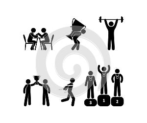 Sport icon, competition and winners, stick figure man pictogram, people isolated