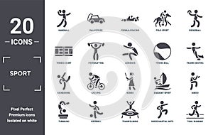 sport icon set. include creative elements as handball, dodgeball, tennis ball, kendo, kickball, kickboxing filled icons can be