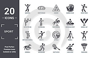 sport icon set. include creative elements as marathon, discus throw, snowmobile sport, softball, bodybuilding, unicycling handball