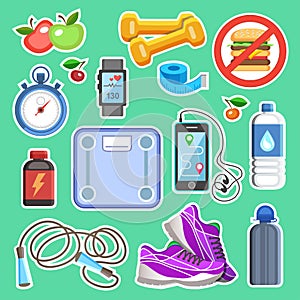 Sport icons or fitness kit elements. Sport concept, vector